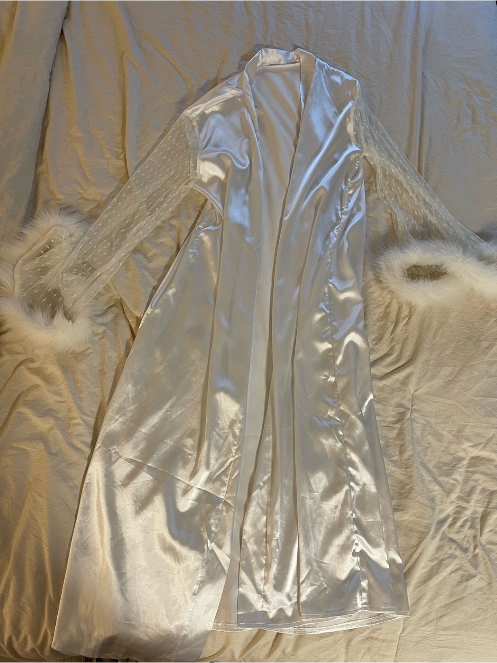 SHEIN bridal White Satin Long Robe with Sheer Dotted Sleeves and Faux Fur Cuffs